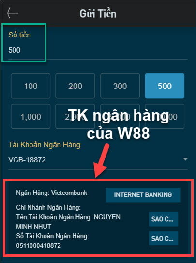Tài khoản ngân hàng nhà W88club cái