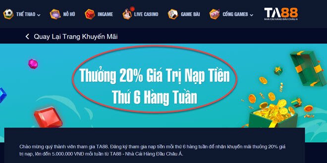 TA88.com thưởng nạp tiền 20% ngày thứ 6