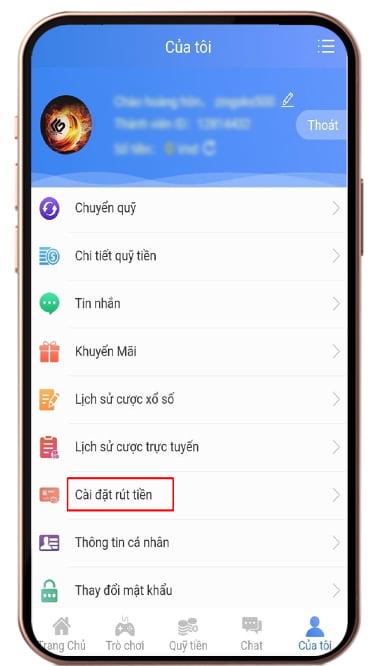 cài đặt mật khẩu rút tiền 1